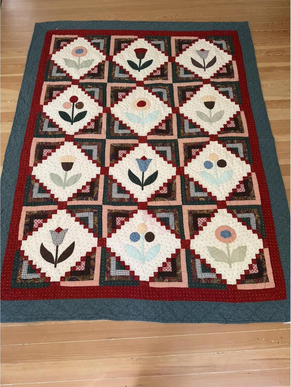 Hand Stitched Floral Applique Quilt 80x65 Folk Art Country Cottage Handmade
